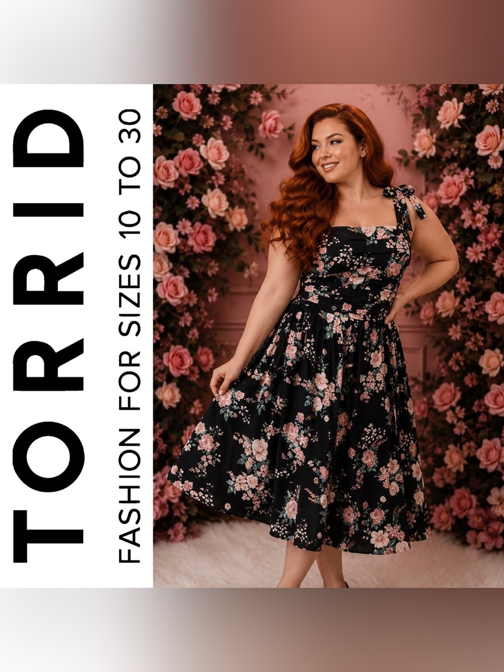Torrid Black & Pink Shirred Tea Length Wildflower Floral Dress, Large, NWT!